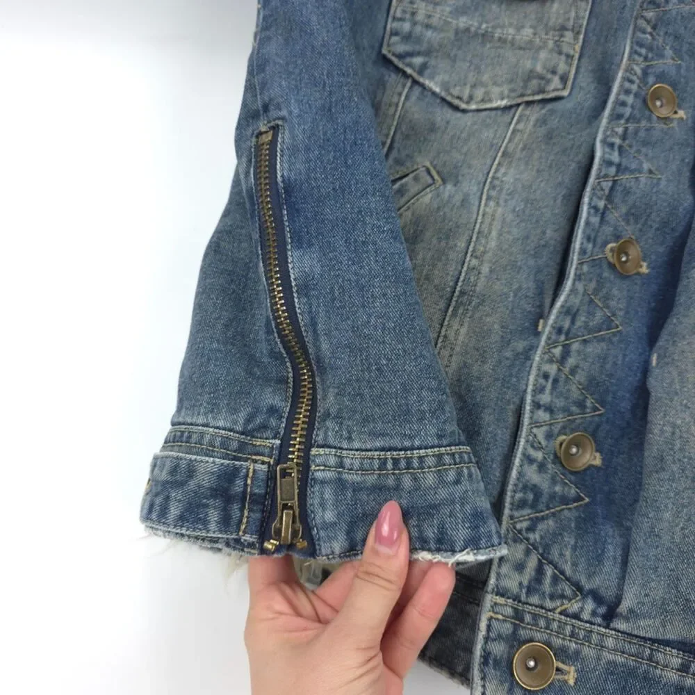 FREE PEOPLE Shaggy Fur Denim Trucker Jacket Festival Boho Indie Downtown Girl - Picture 10 of 13
